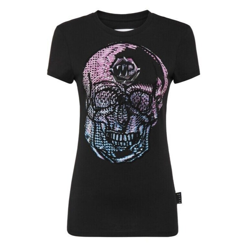Philipp Plein T-shirt Round Neck Sexy Pure Fit Skull Women Black Size M MSRP 920